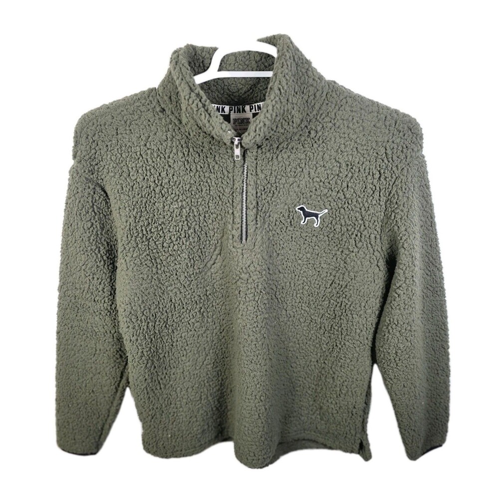 Victoria’s Secret Pink Women's Small Olive Sherpa 1/4 Zip Pullover